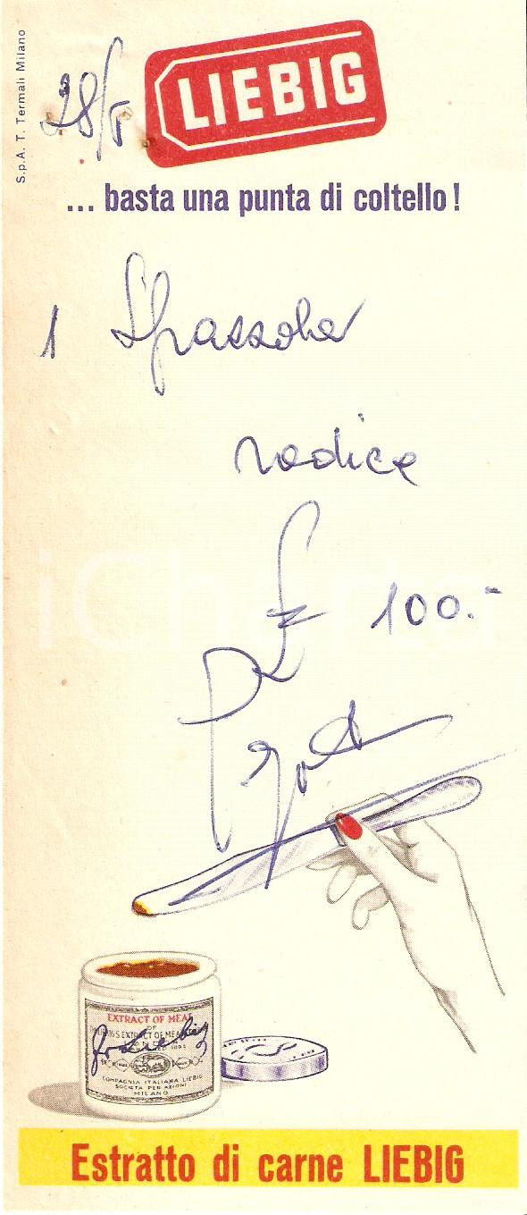 Materiale pubblicitario d’epoca 1965 ca LIEBIG Estratto di carne Ricevuta ILLUSTRATA 7x17 cm 1