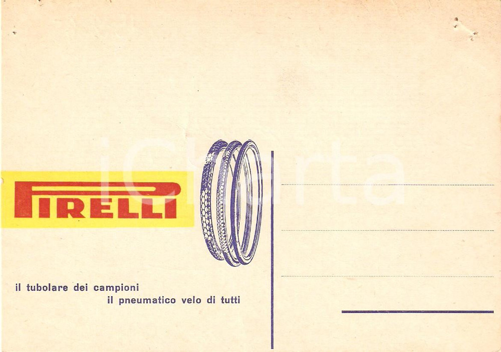 Materiale pubblicitario d’epoca 1965 PAVIA Cicli Cherubino COVEN Pneumatici per bicicletta PIRELLI Cartolina FG 1