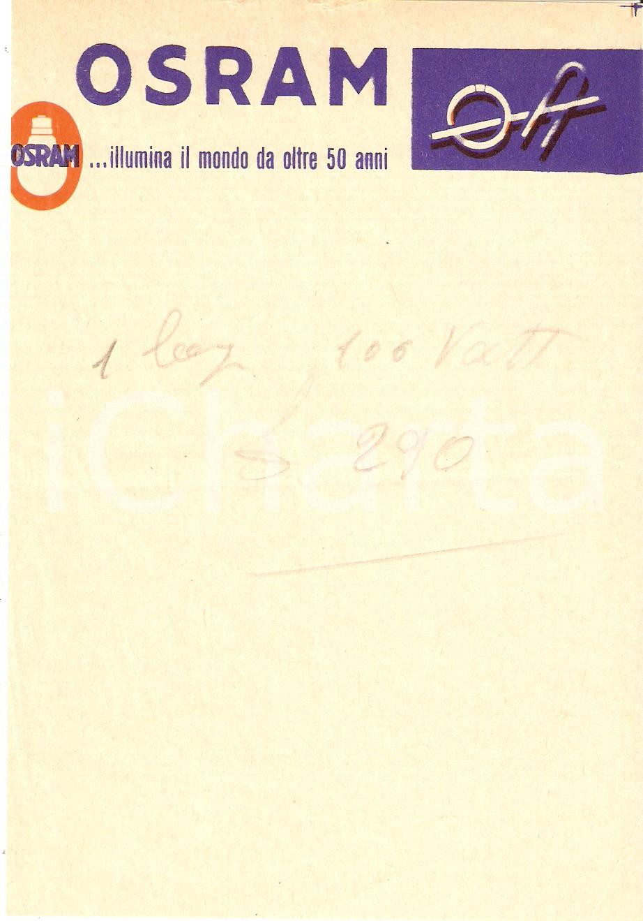 Materiale pubblicitario d’epoca 1965 ca PUBBLICITA  Lampadine OSRAM Ricevuta ILLUSTRATA 12x16 cm 1
