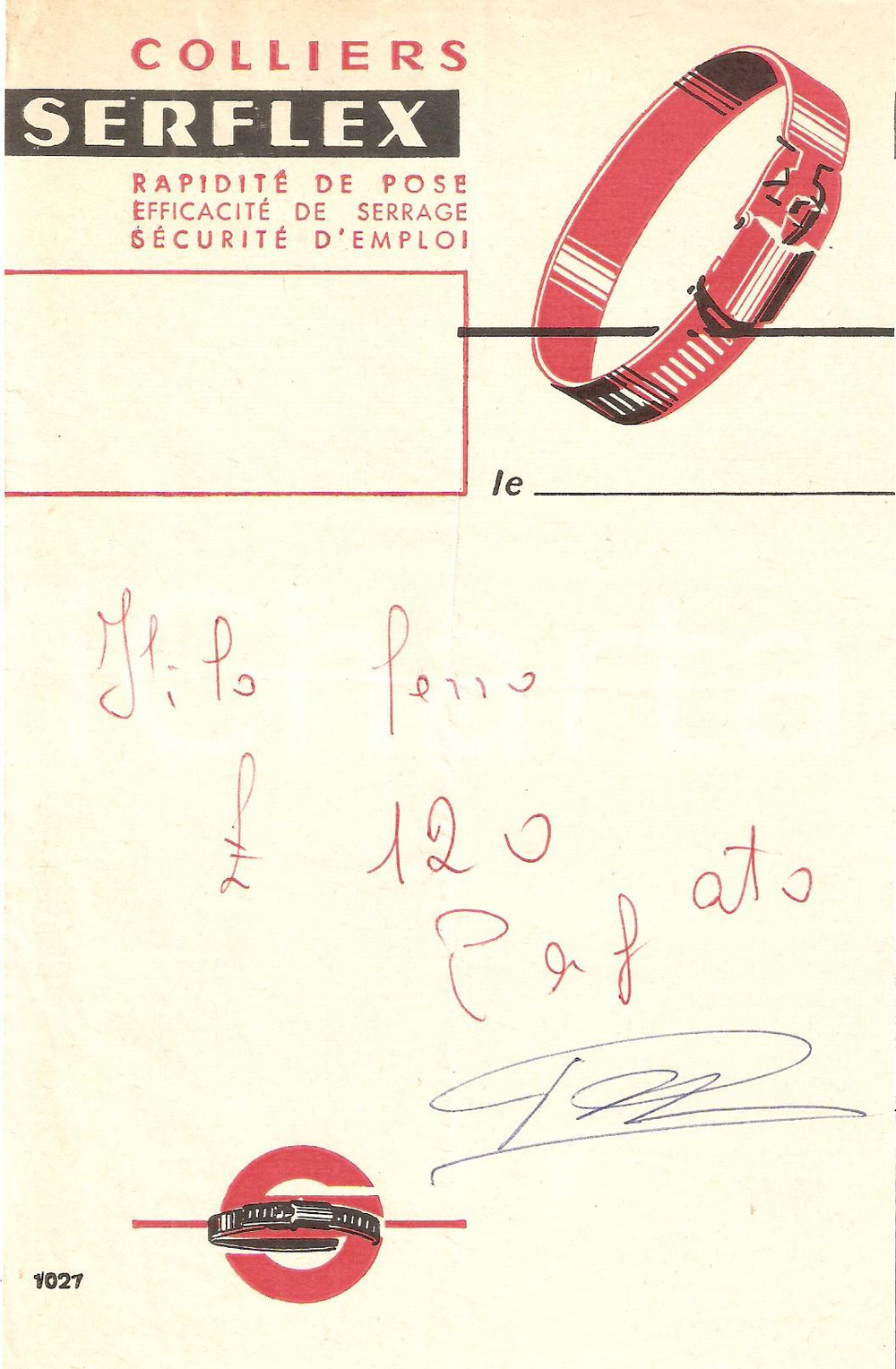 Materiale pubblicitario d’epoca 1965 ca PUBBLICITA  Morsetti SERFLEX Colliers de serrage Ricevuta 12x17 cm 1