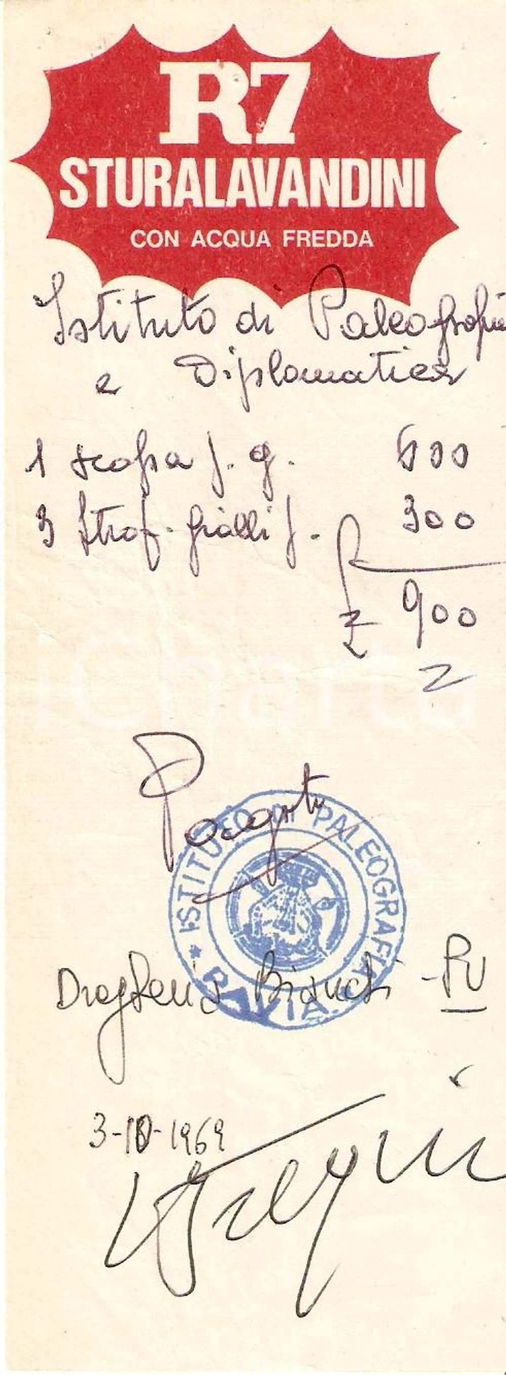 Materiale pubblicitario d’epoca 1969 PAVIA Drogheria BIANCHI Sturalavandini R7 Ricevuta 6x17 cm 1