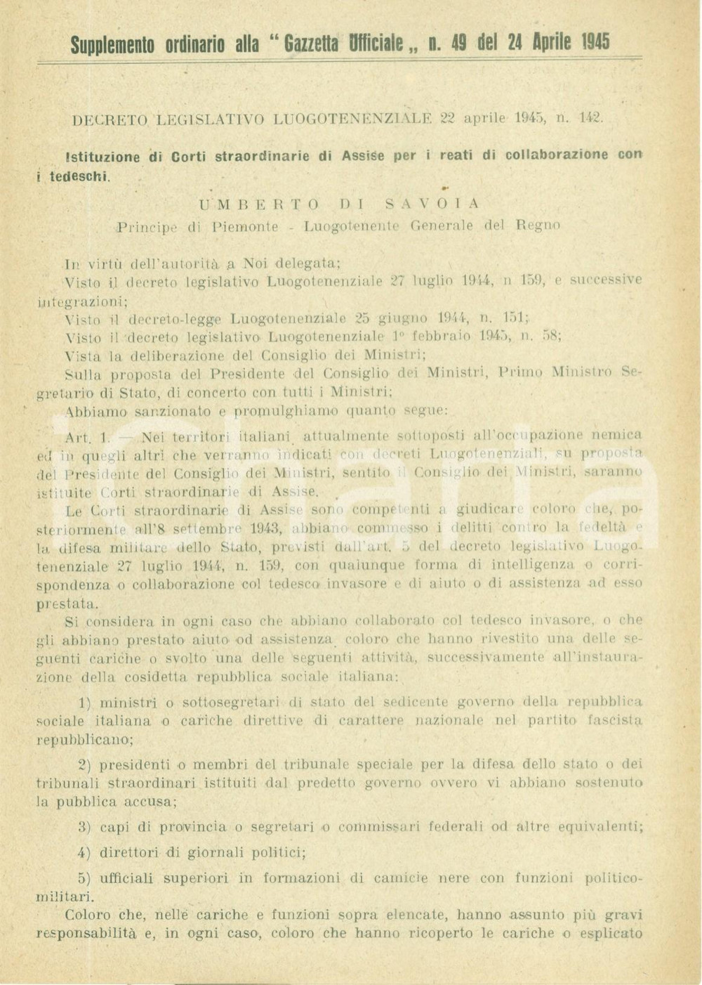 Documento originale, autentico 24 APRILE 1945 Corti straordinarie per reati collaborazione con tedeschi 1 1