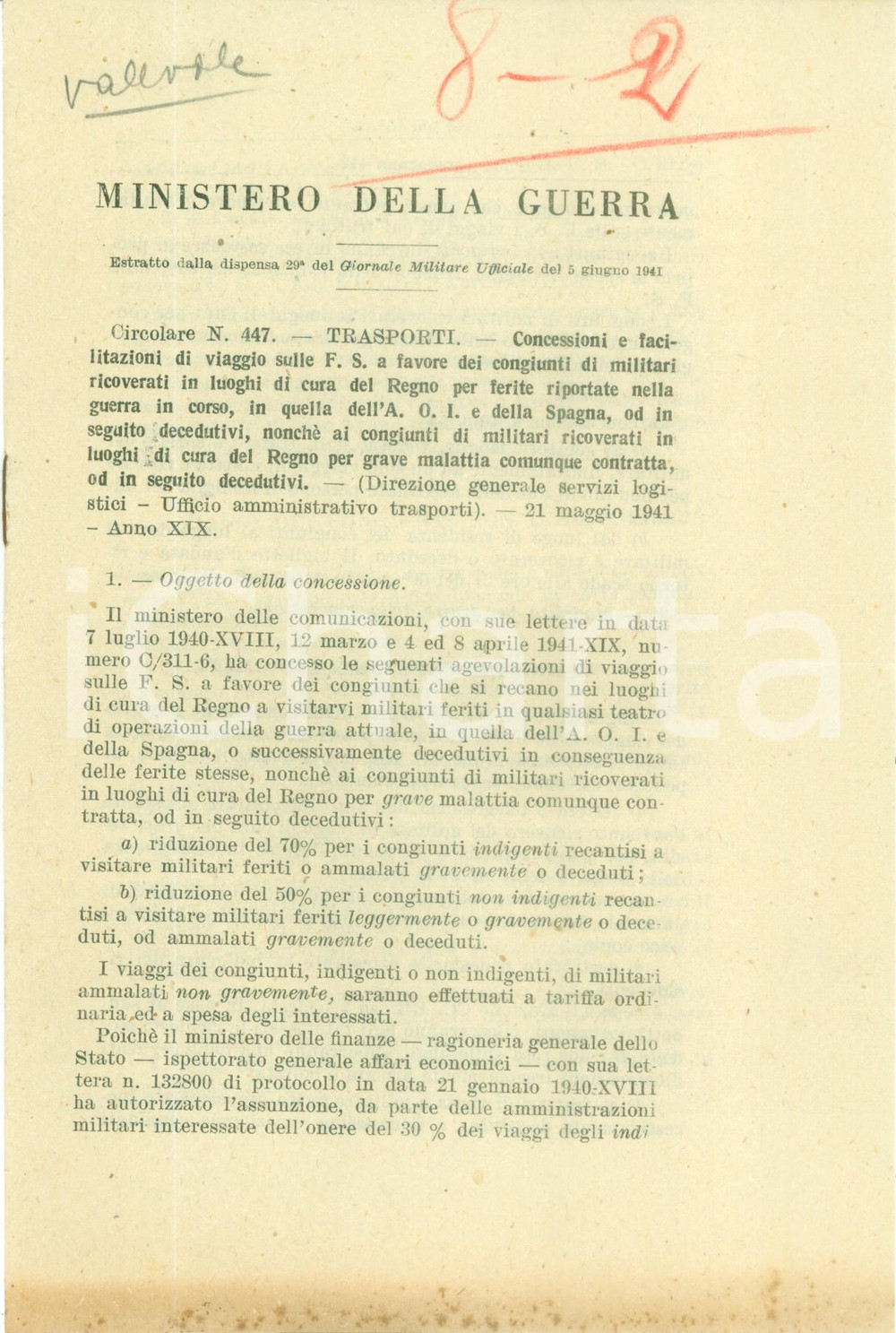 Documento originale, autentico 1941 WW2 Agevolazioni FERROVIE DELLO STATO per congiunti dei militari Documento 1