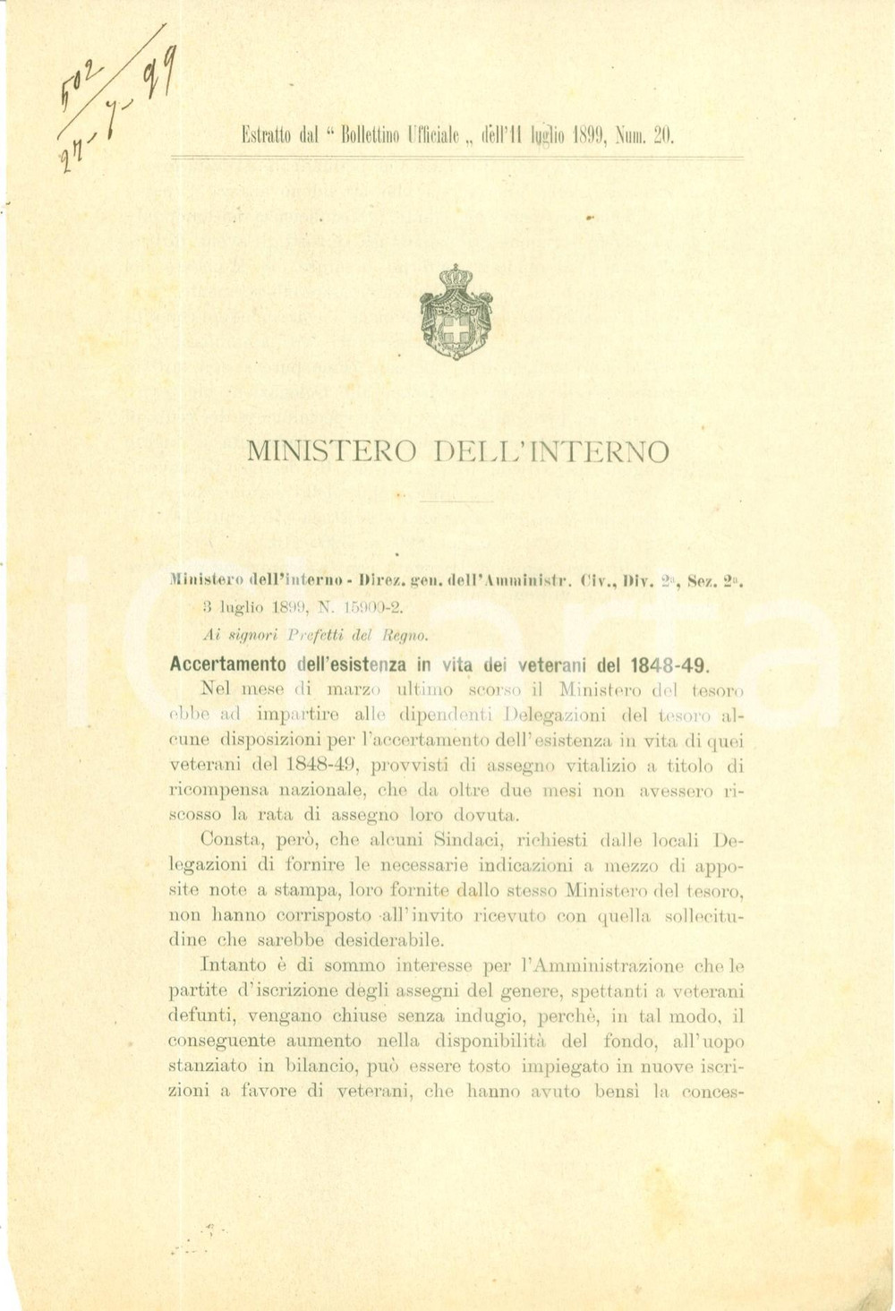 Documento originale, autentico 1899 ROMA Accertamento esistenza in vita veterani 18481849 Documento 1