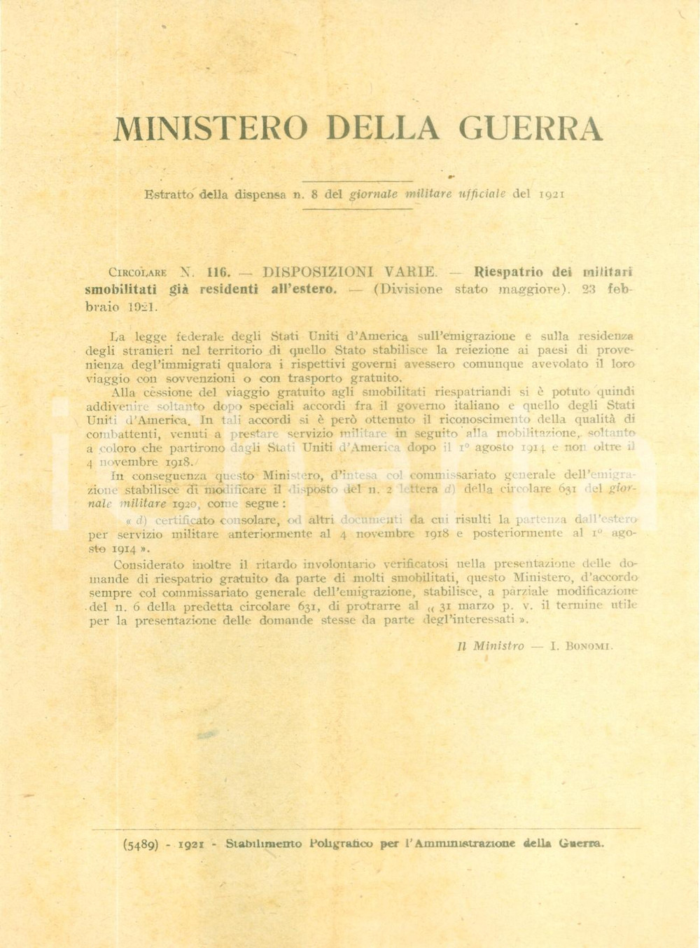 Documento originale, autentico 1921 MINISTERO DELLA GUERRA Riespatrio militari smobilitati residenti all estero 1