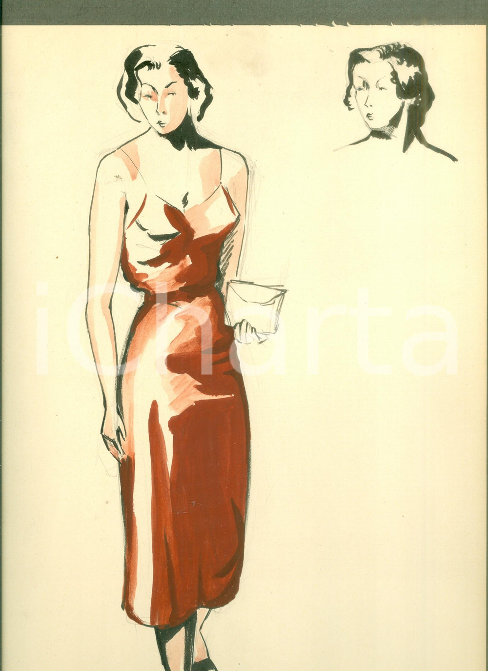Stampa, bozzetto originale 1951 MODA Disegno originale pittrice Gianna RONCHI Studio modella AUTOGRAFO 1