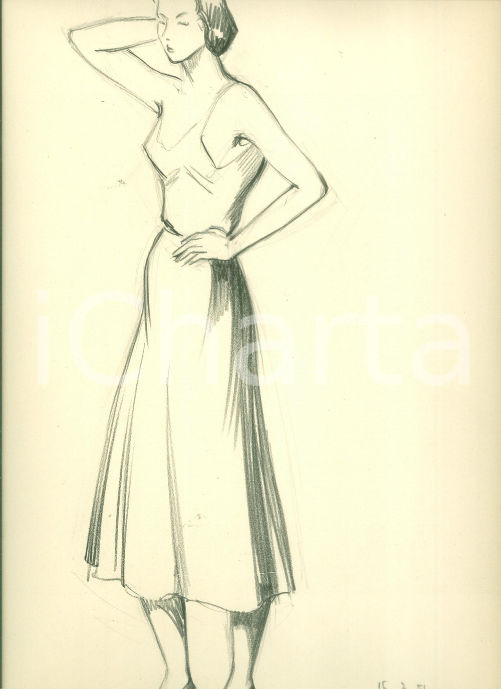 Stampa, bozzetto originale 1951 MODA Disegno originale pittrice Gianna RONCHI Studio di modella AUTOGRAFO 1