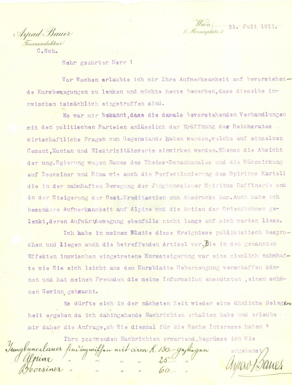 Documento originale, autentico 1911 WIEN Arpad BAUER Finanzredakteur Lettera commerciale intestata 1