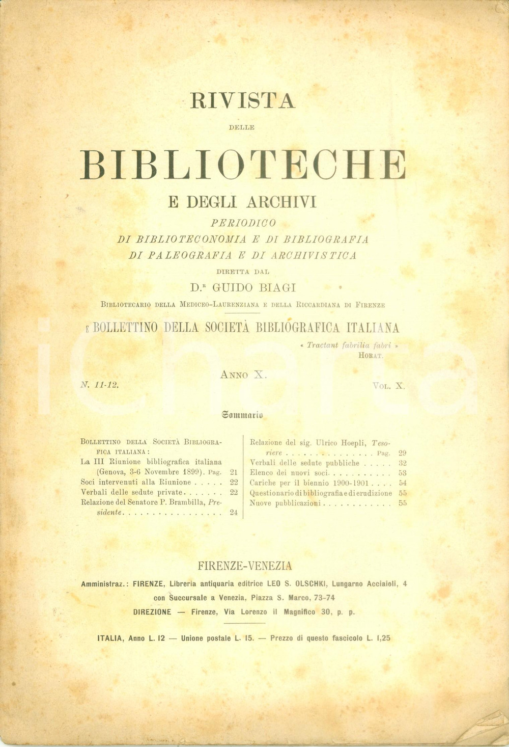 Libro, pubblicazione d epoca 1899 RIVISTA BIBLIOTECHE ARCHIVI Bollettino SocietÃ  Bibliografica Italiana 1