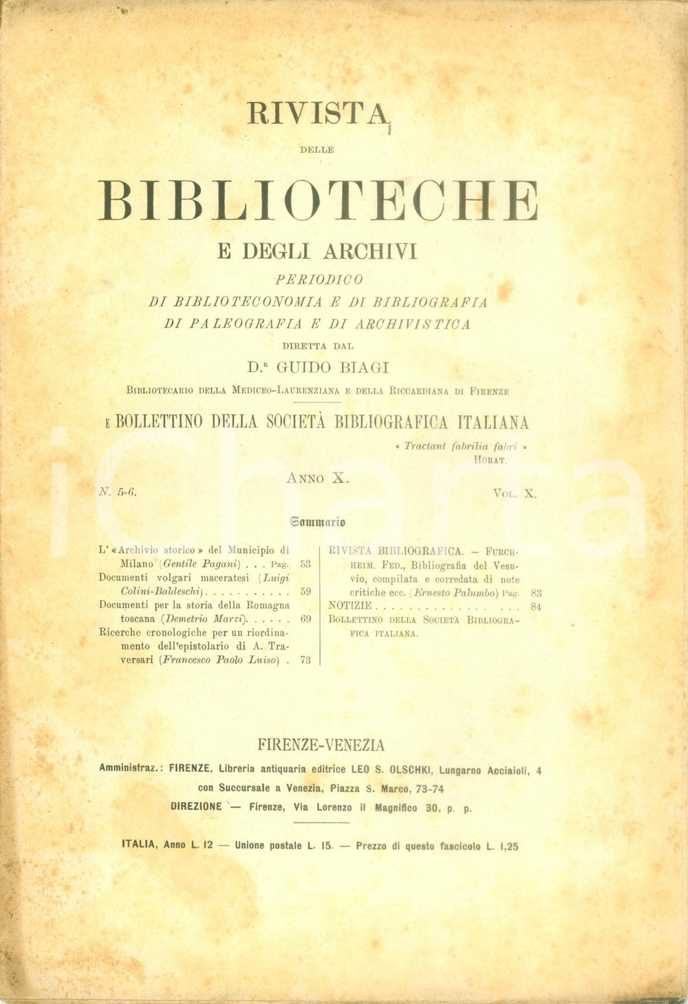 Libro, pubblicazione d epoca 1899 RIVISTA BIBLIOTECHE ARCHIVI Luigi COLINI Documenti volgari maceratesi 1