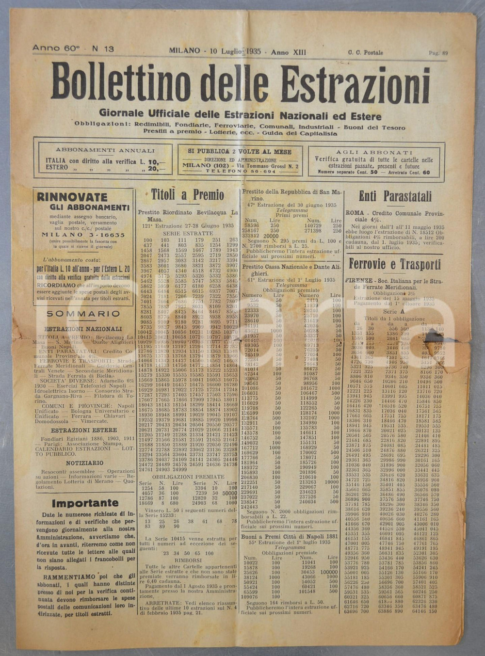 Giornale, rivista storica 1935 MILANO Bollettino delle Estrazioni titoli obbligazioni DANNEGGIATO 1