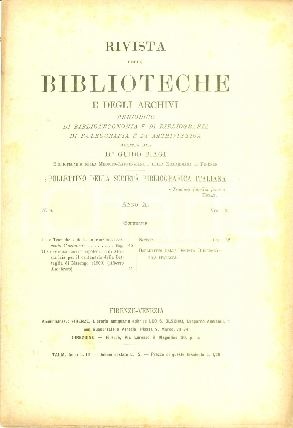Libro, pubblicazione d epoca 1899 RIVISTA BIBLIOTECHE ARCHIVI Eugenio CASANOVA Teoriche della LAURENZIANA 1