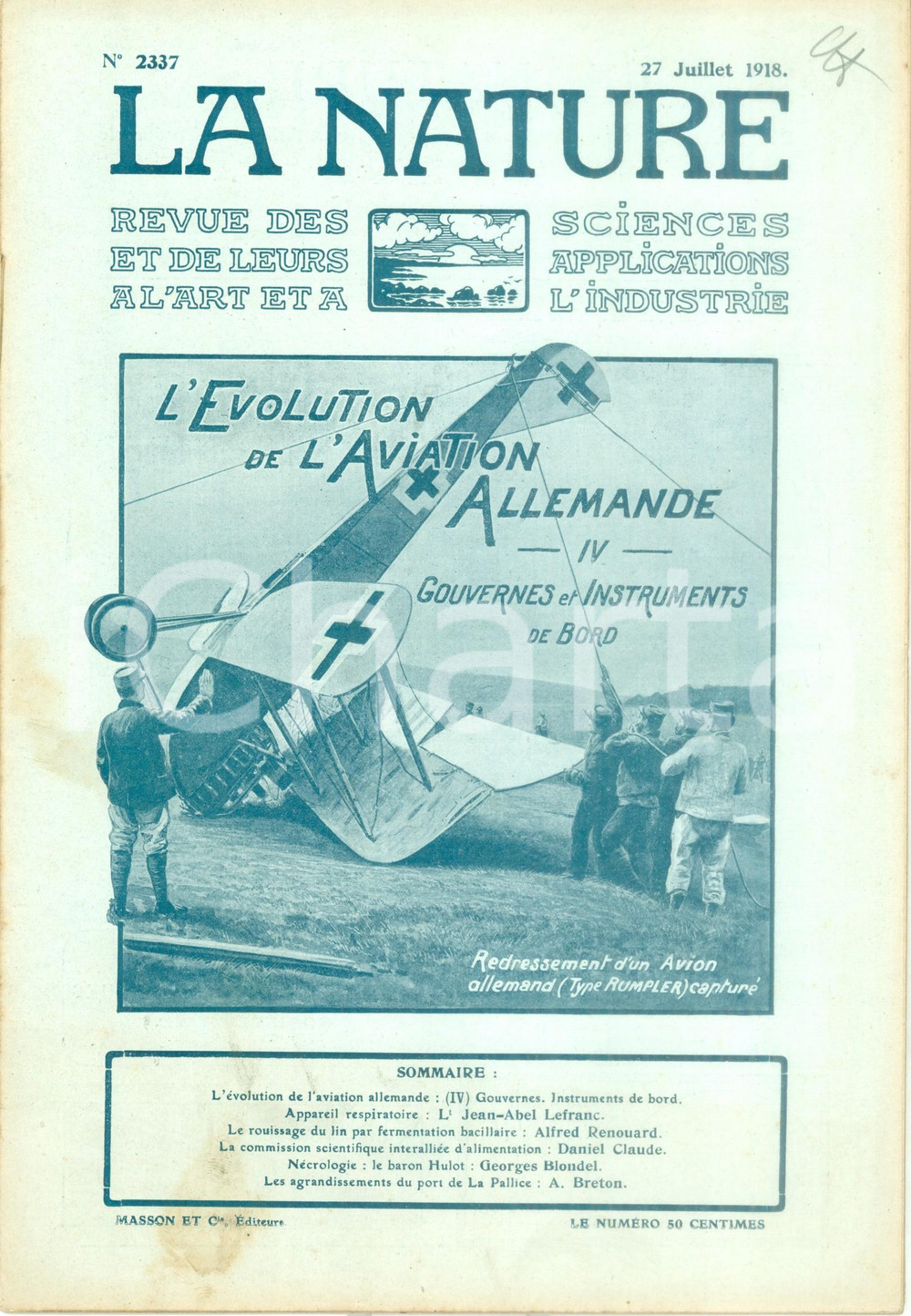 Giornale, rivista storica 1918 LA NATURE L Ã©volution de l aviation allemande Revue nÂ° 2337 1