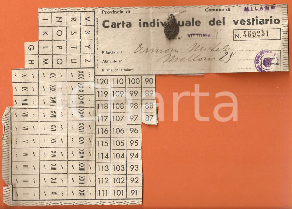 Documento originale, autentico 1942 MILANO Carta annonaria del vestiario con Medaglietta Santuario CARAVAGGIO 1