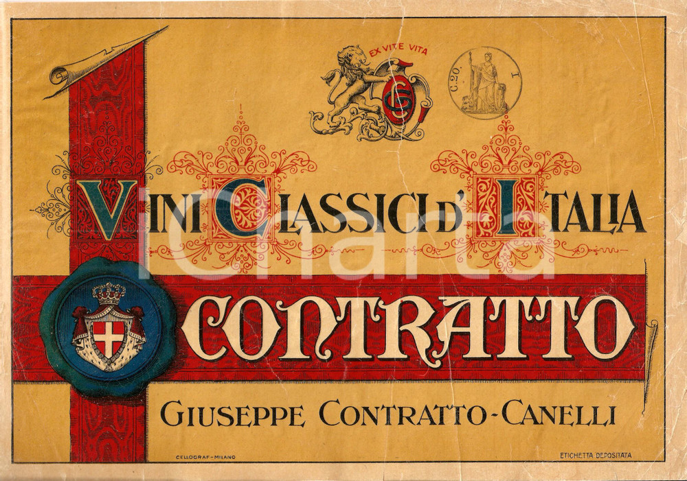 Materiale pubblicitario d’epoca 1930 ca CANELLI AT Vini classici d Italia CONTRATTO Vetrofania DANNEGGIATA 1