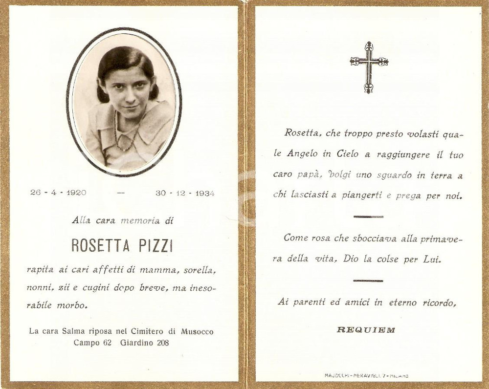 Oggetto da collezione cartaceo 1934 MILANO Cimitero di MUSOCCO In memoria di Rosetta PIZZI Santino 1