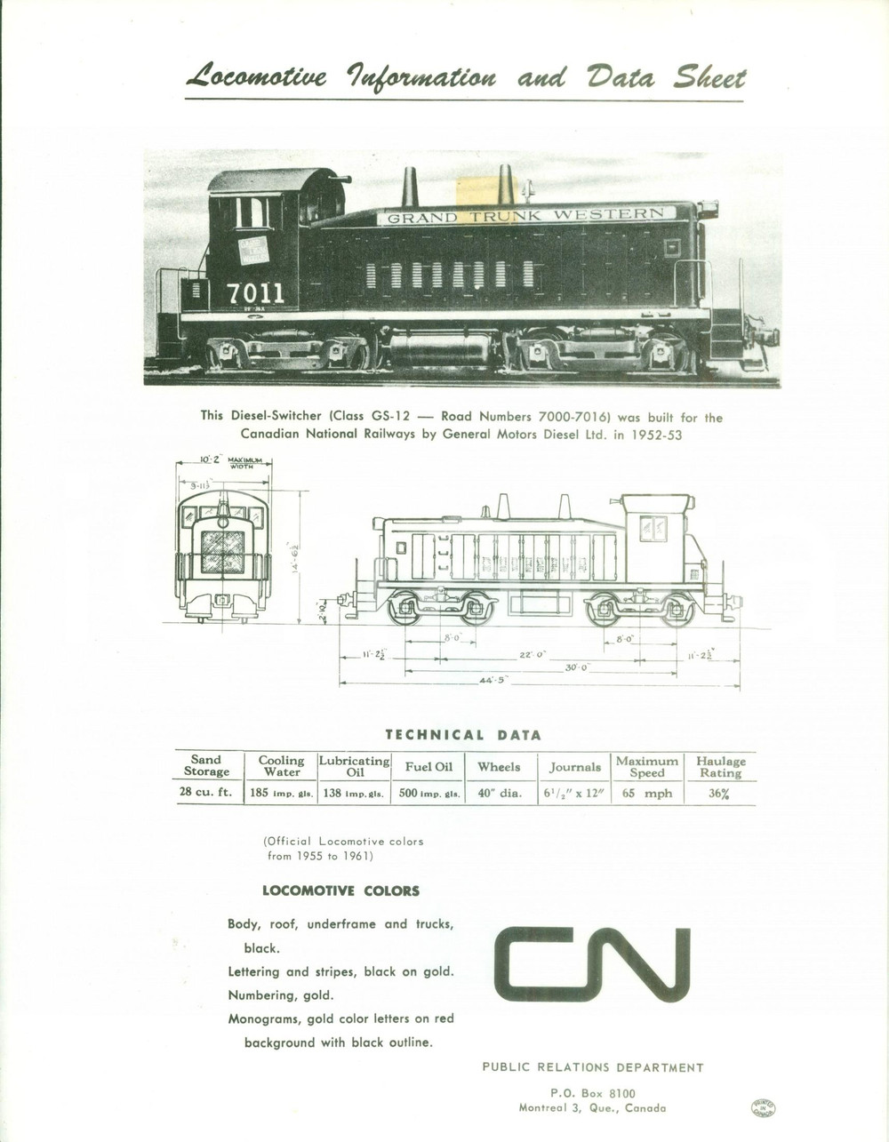 Materiale pubblicitario d’epoca 1975 ca CANADIAN RAILWAYS Locomotiva GRAND TRUNK WESTERN 7011 Scheda tecnica 1