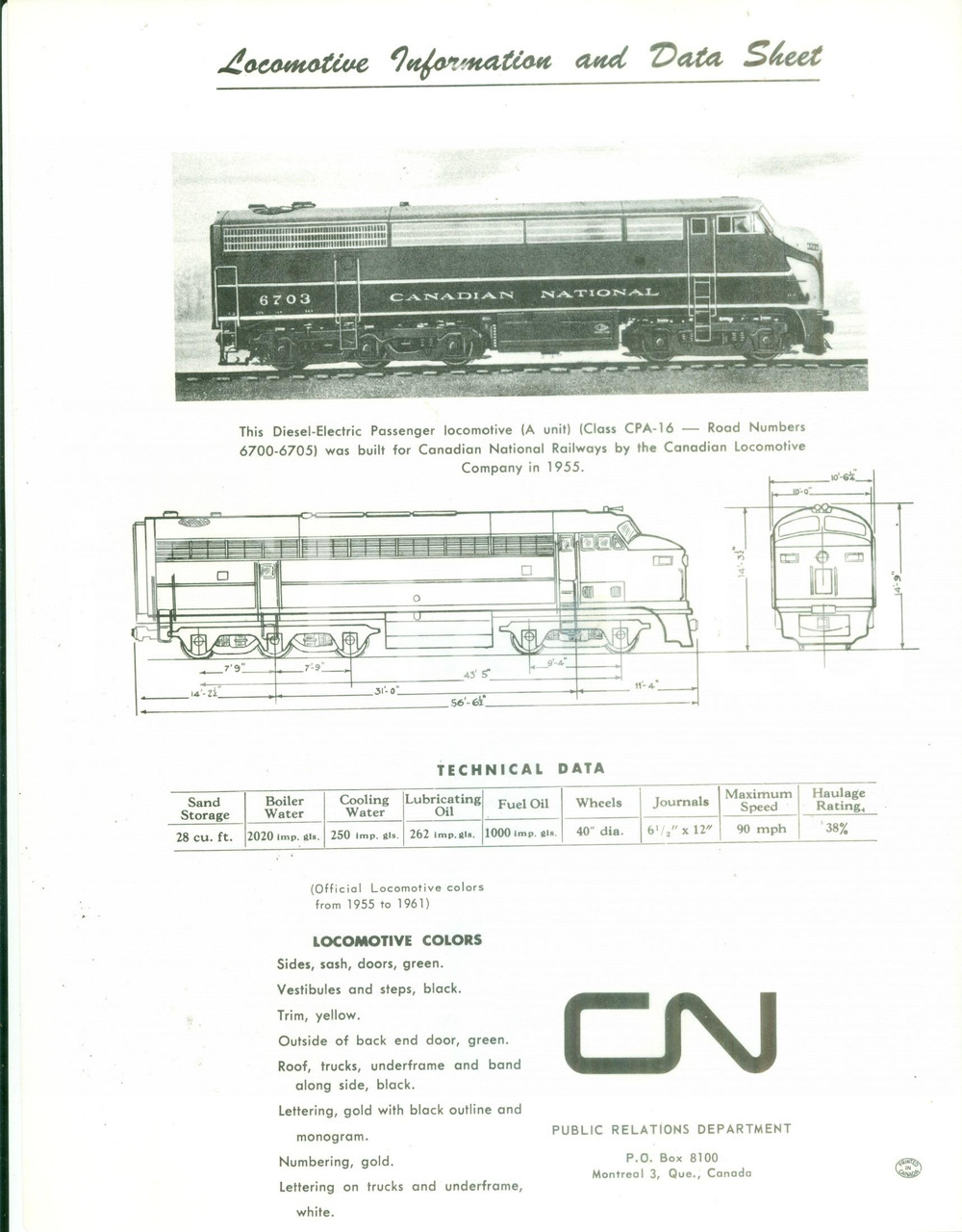 Materiale pubblicitario d’epoca 1975 ca CANADIAN RAILWAYS Locomotiva elettrica passeggeri DIESEL CPA16 Scheda 1