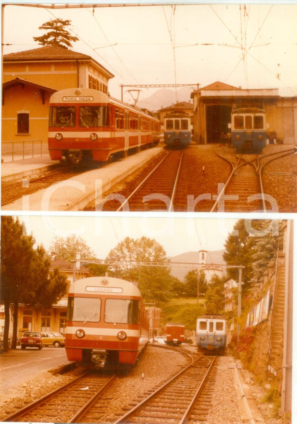 Fotografia d epoca originale 1975 ca FERROVIA LUGANO  PONTE TRESA Treni passeggeri in stazione Lotto 2 foto 1