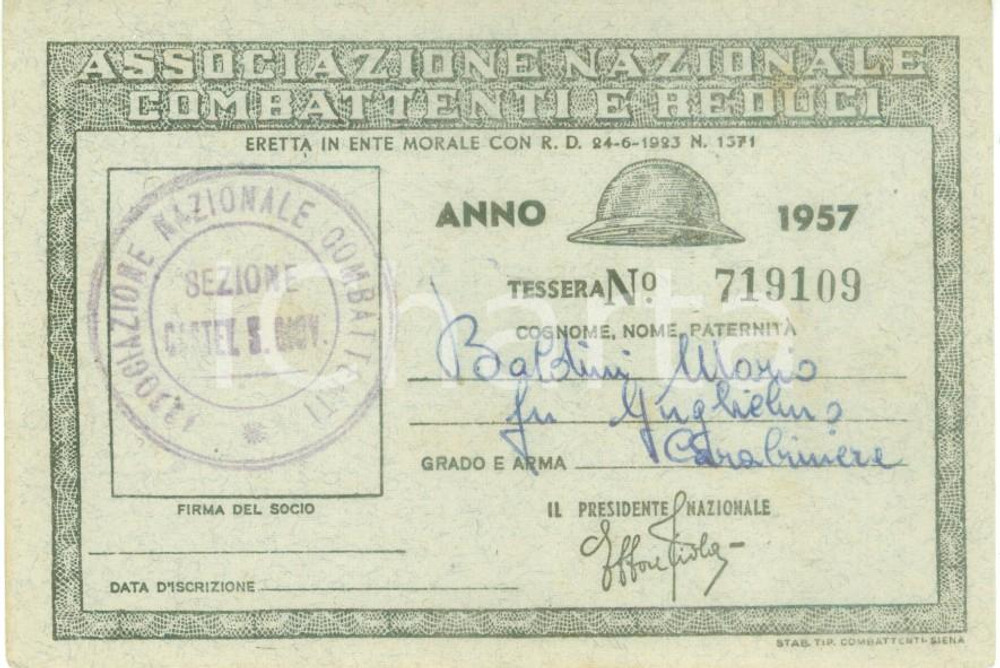 Oggetto da collezione cartaceo 1957 CASTEL SAN GIOVANNI Associazione Combattenti Reduci Tessera Mario BALDINI 1