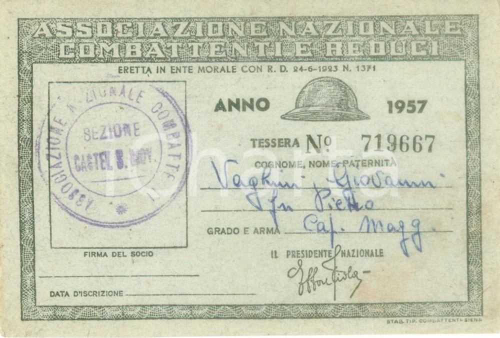 Oggetto da collezione cartaceo 1957 CASTEL SAN GIOVANNI Associazione Combattenti Tessera Giovanni VAGHINI 1