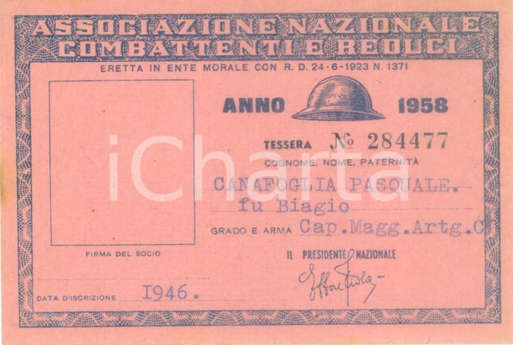 Oggetto da collezione cartaceo 1958 COLLESCIPOLI Associaz. Nazionale Combattenti Tessera Pasquale CANAFOGLIA 1