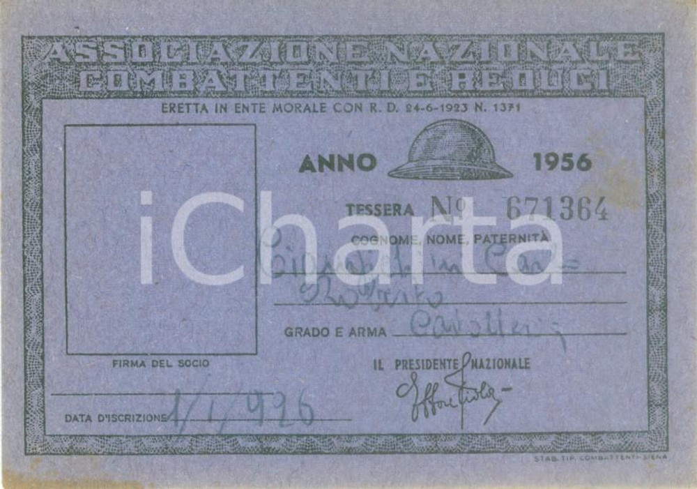 Oggetto da collezione cartaceo 1956 COLLESCIPOLI Associazione Nazionale Combattenti Carlo CIAMPICHINI 1