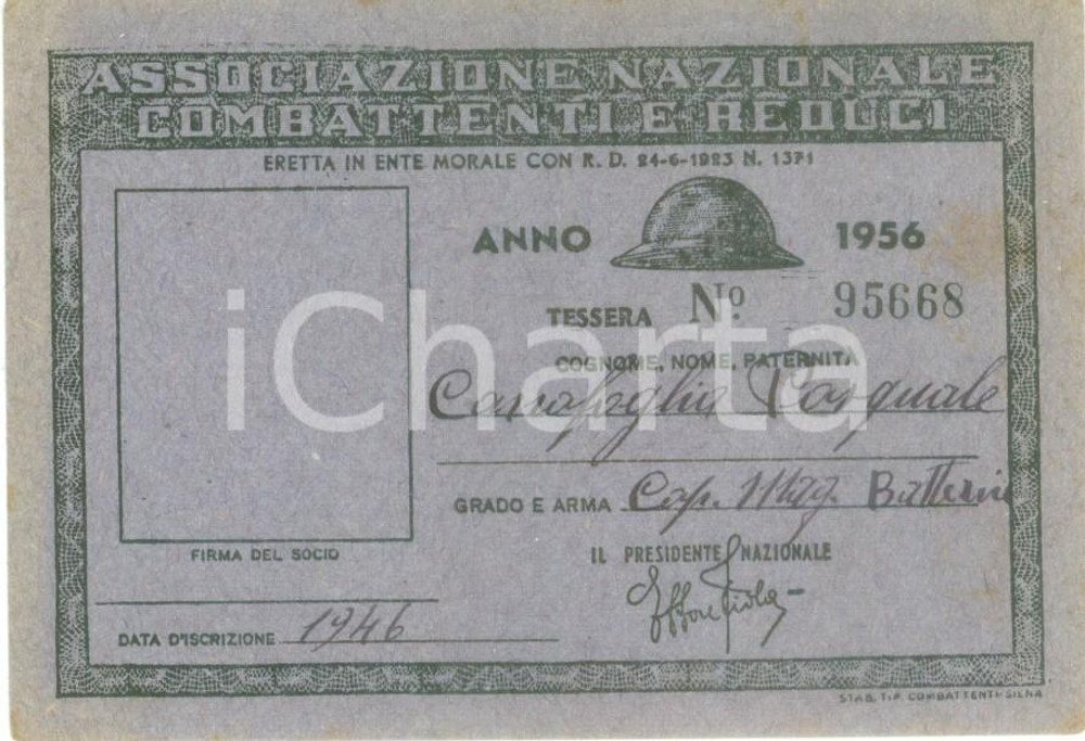 Oggetto da collezione cartaceo 1956 COLLESCIPOLI Associazione Nazionale Combattenti Pasquale CANAFOGLIA 1