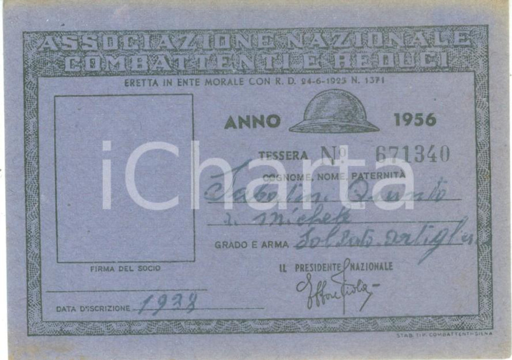 Oggetto da collezione cartaceo 1956 COLLESCIPOLI Associazione Nazionale Combattenti Quinto SABATINI 1