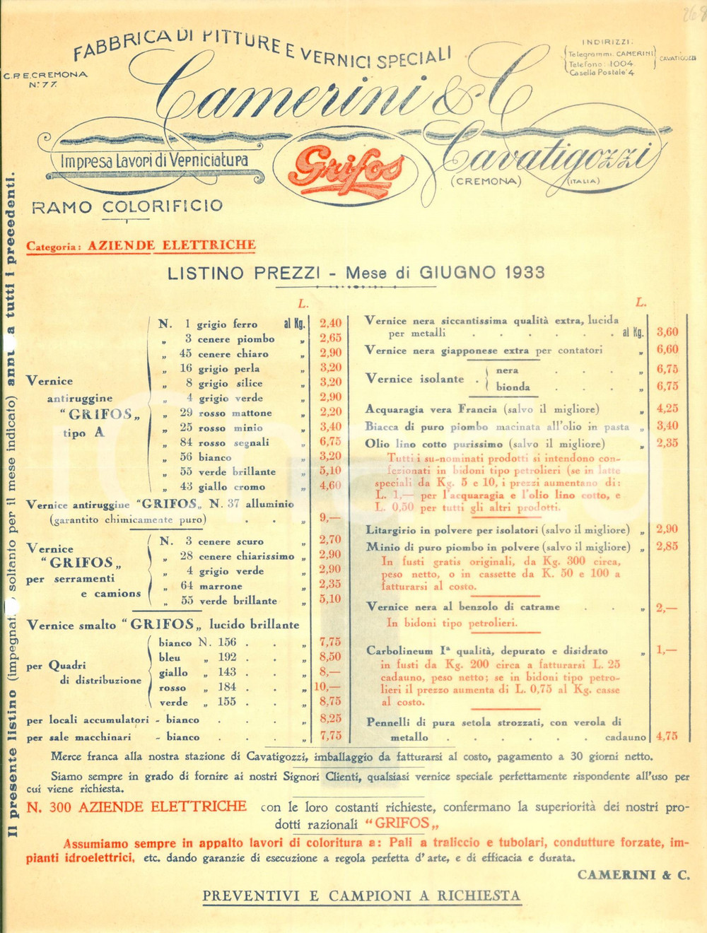 Documento originale, autentico 1933 CREMONA Ditta CAMERINI  CAVATIGOZZI Pitture e vernici speciali Listino 1