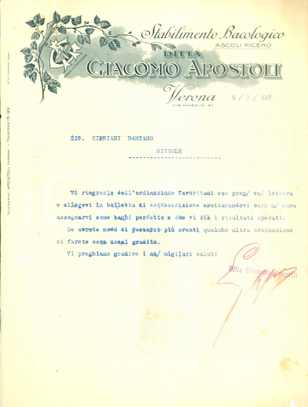 Documento originale, autentico 1928 VERONA Ditta Giacomo APOSTOLI Stabilimento bacologico Lettera commerciale 1