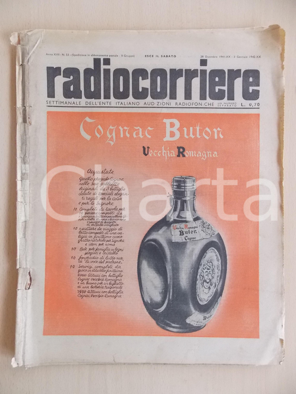 Giornale, rivista storica 1942 RADIOCORRIERE EIAR Elogio alle donne italiane Cognac BUTON DANNEGGIATO 1