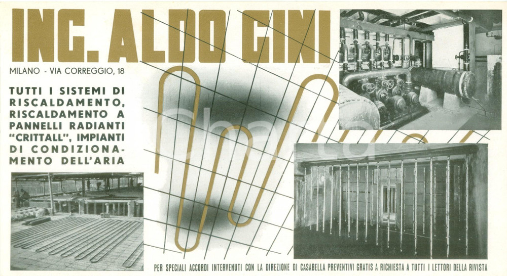 Materiale pubblicitario d’epoca 1930 ca MILANO Ing. Aldo GINI Sistemi di riscaldamento Volantino ILLUSTRATO 1
