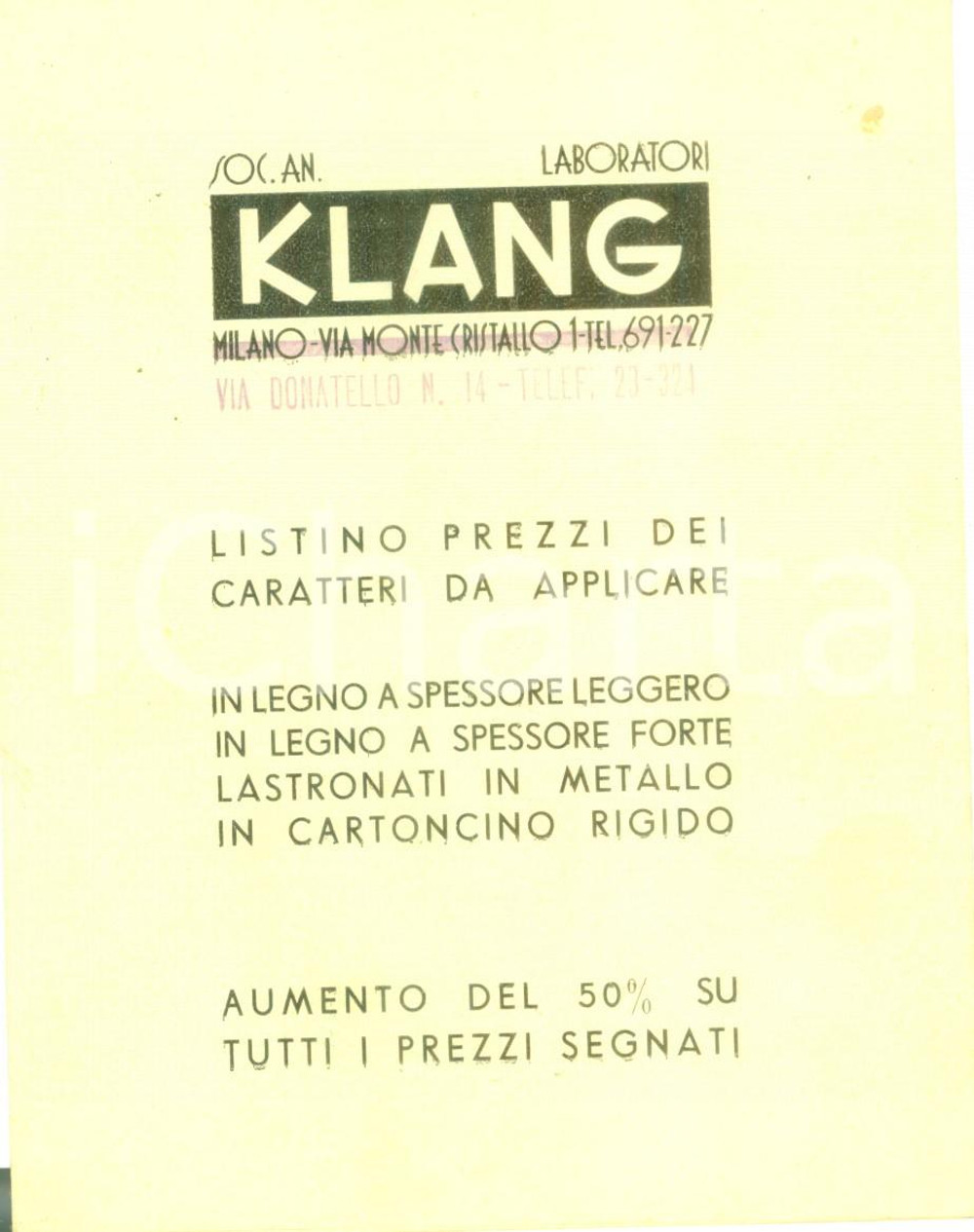 Materiale pubblicitario d’epoca 1936 MILANO Laboratori KLANG Listino prezzi caratteri tipografici legno metallo 1