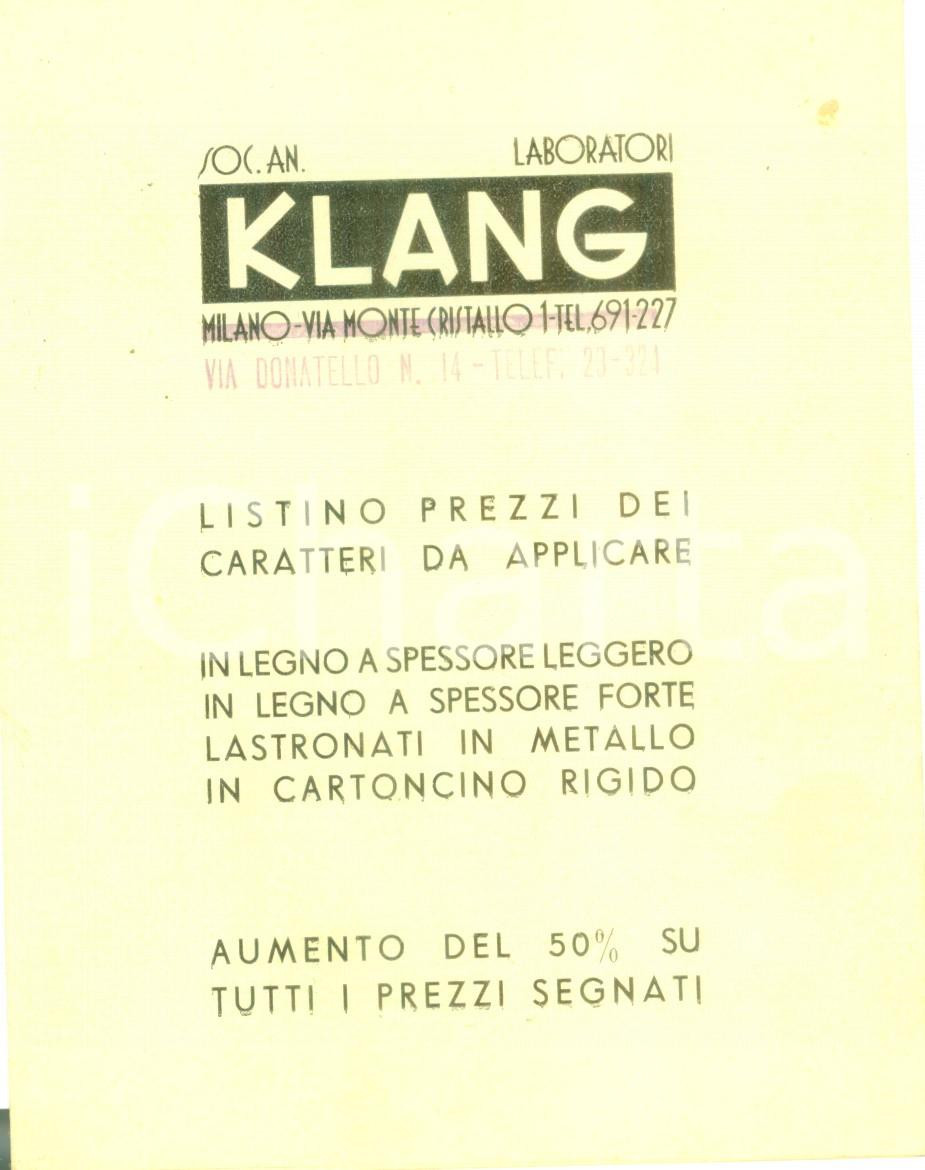 Materiale pubblicitario d’epoca 1936 MILANO Laboratori KLANG Listino prezzi caratteri tipografici legno metallo 1
