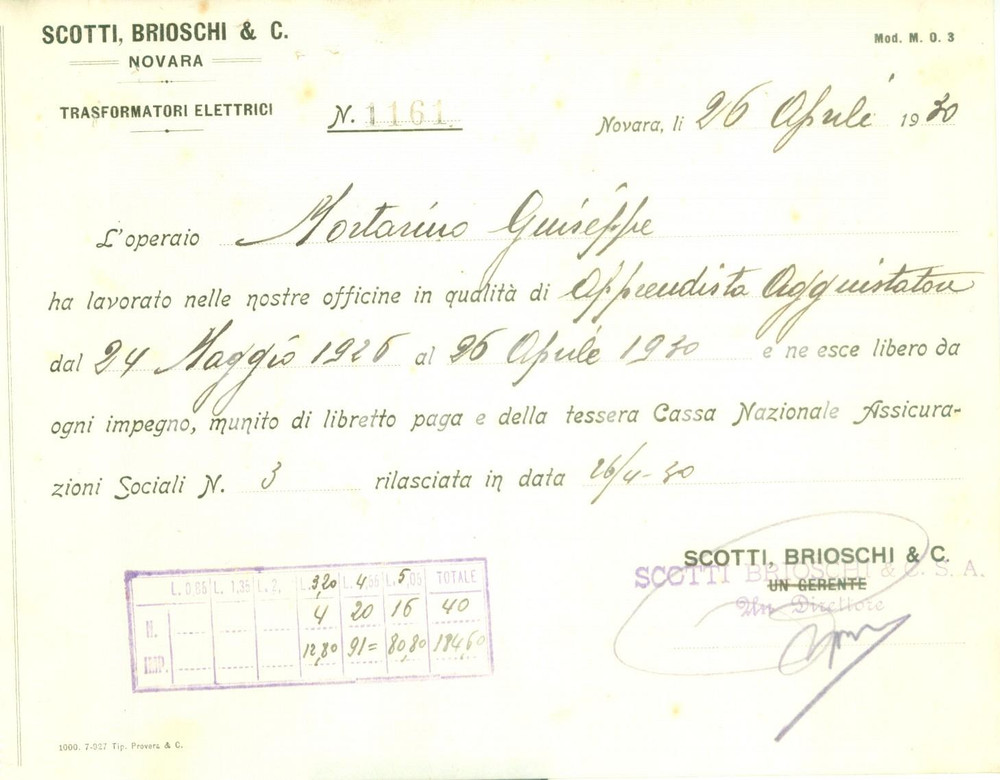 Documento originale, autentico 1930 NOVARA Ditta SCOTTI, BRIOSCHI Trasformatori Giuseppe MORTARINO apprendista 1