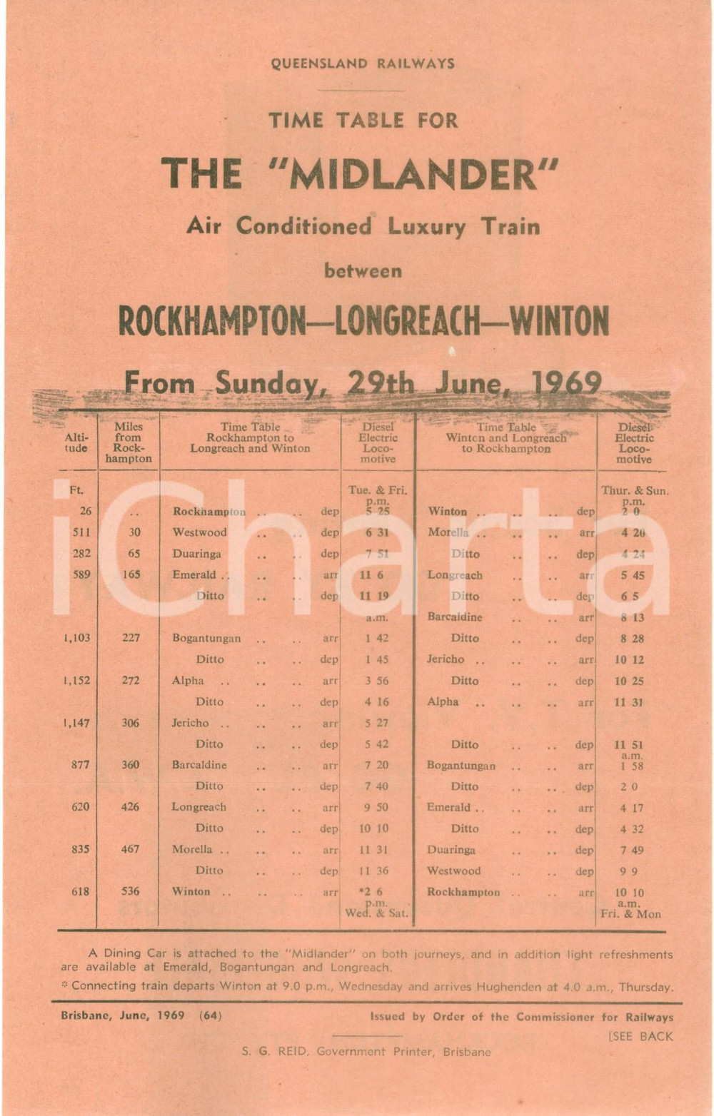 Materiale pubblicitario d’epoca 1969 AUSTRALIA QUEENSLAND RAILWAYS Tabella marcia treno THE MIDLANDER Volantino 1