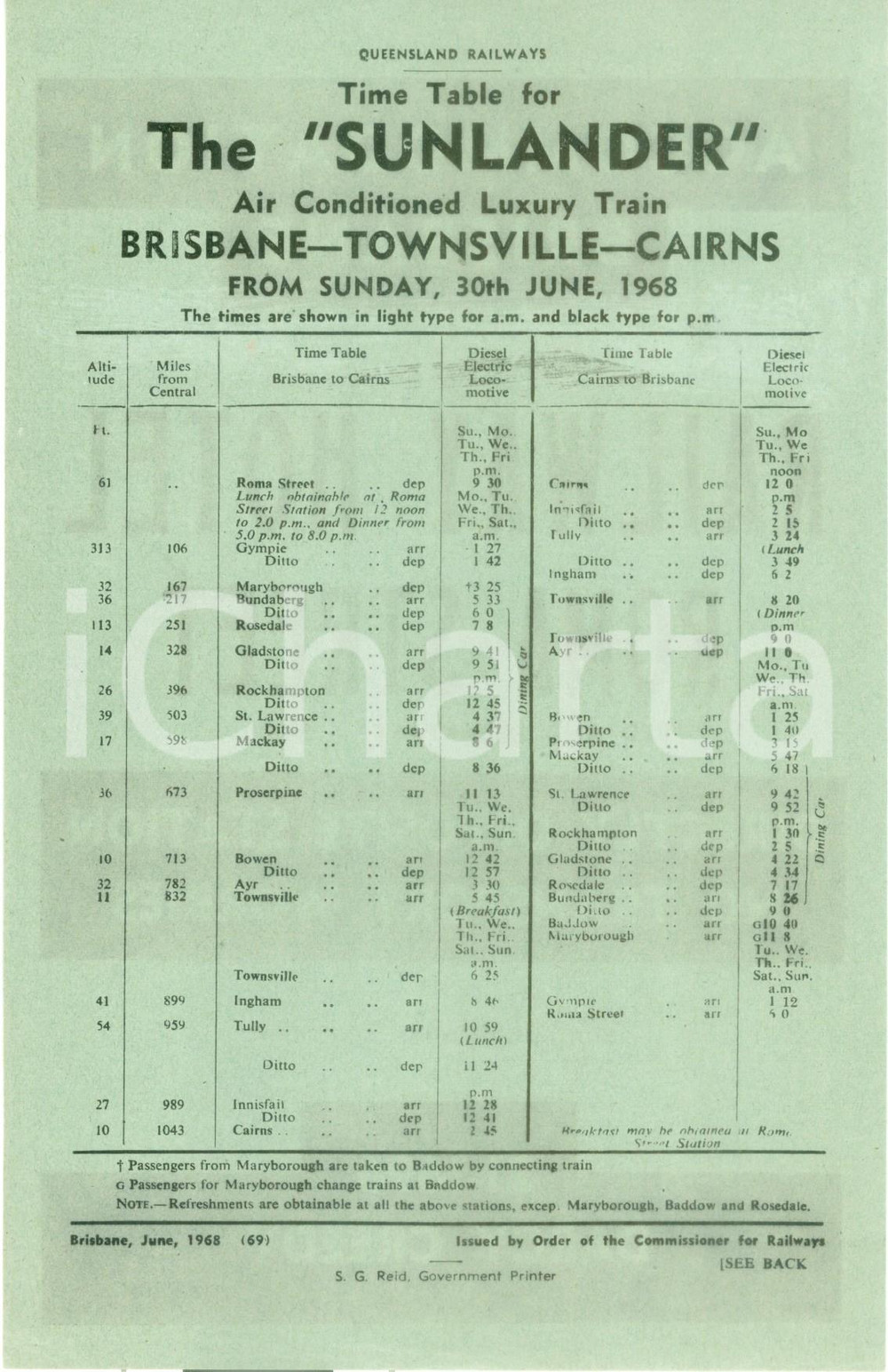Materiale pubblicitario d’epoca 1969 AUSTRALIA QUEENSLAND RAILWAYS Tabella marcia treno THE SUNLANDER Volantino 1