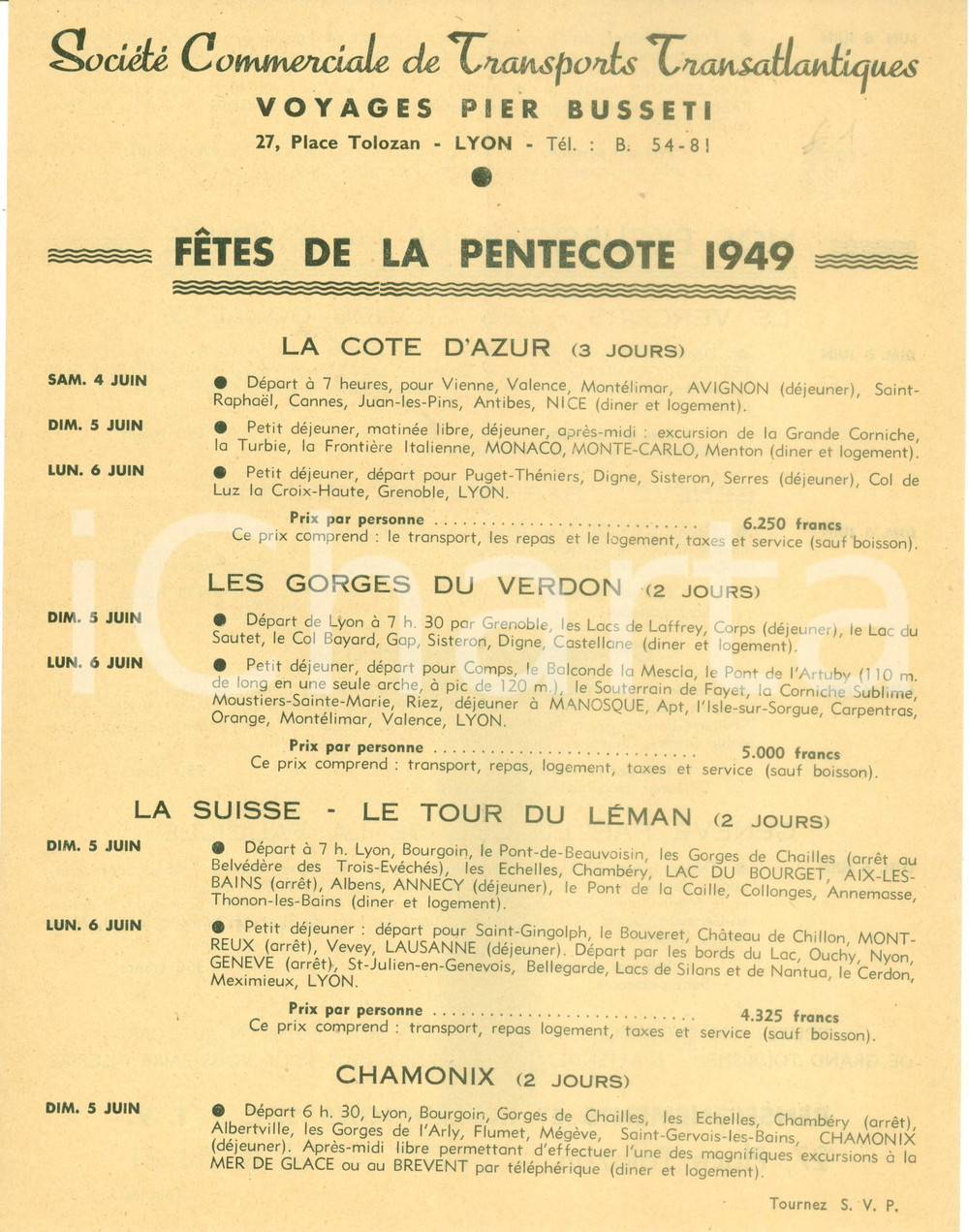 Materiale pubblicitario d’epoca 1949 LYON Société Commerciale Transports Transatlantiques Voyages Pier BUSSETI 1