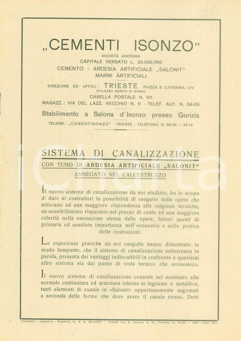 Documento originale, autentico 1929 SALONA D ISONZO GO Sistemi canalizzazione Cementi ISONZO Opuscolo 1