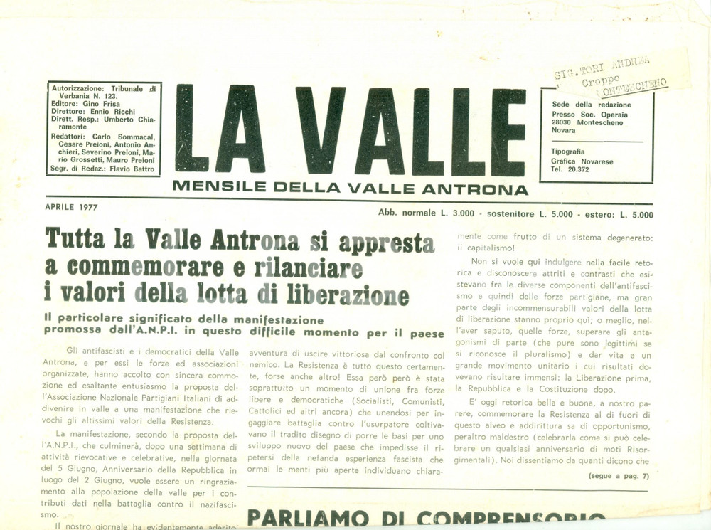 Giornale, rivista storica 1977 Mensile LA VALLE ANTRONA Rilanciamo i valori della Lotta di Liberazione 1