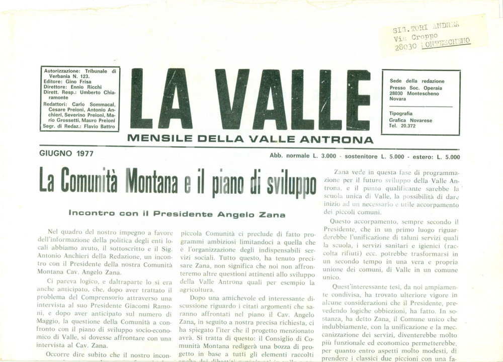 Giornale, rivista storica 1977 Mensile LA VALLE ANTRONA ComunitÃ  Montana e il piano di sviluppo 1