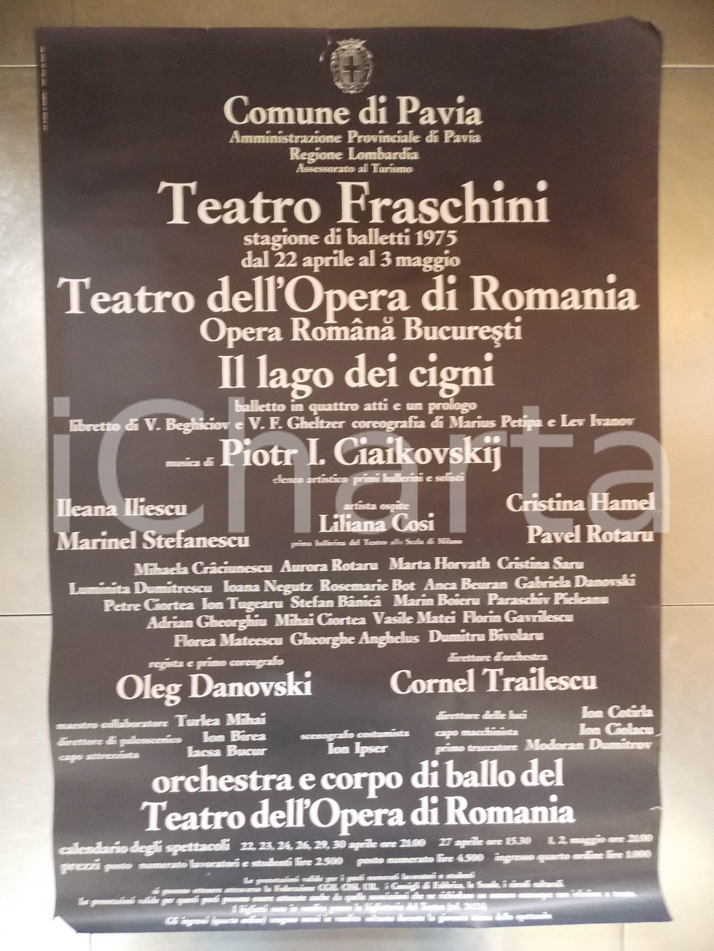 Materiale pubblicitario d’epoca 1975 PAVIA TEATRO FRASCHINI Teatro Opera di ROMANIA Il lago dei cigni Manifesto 1