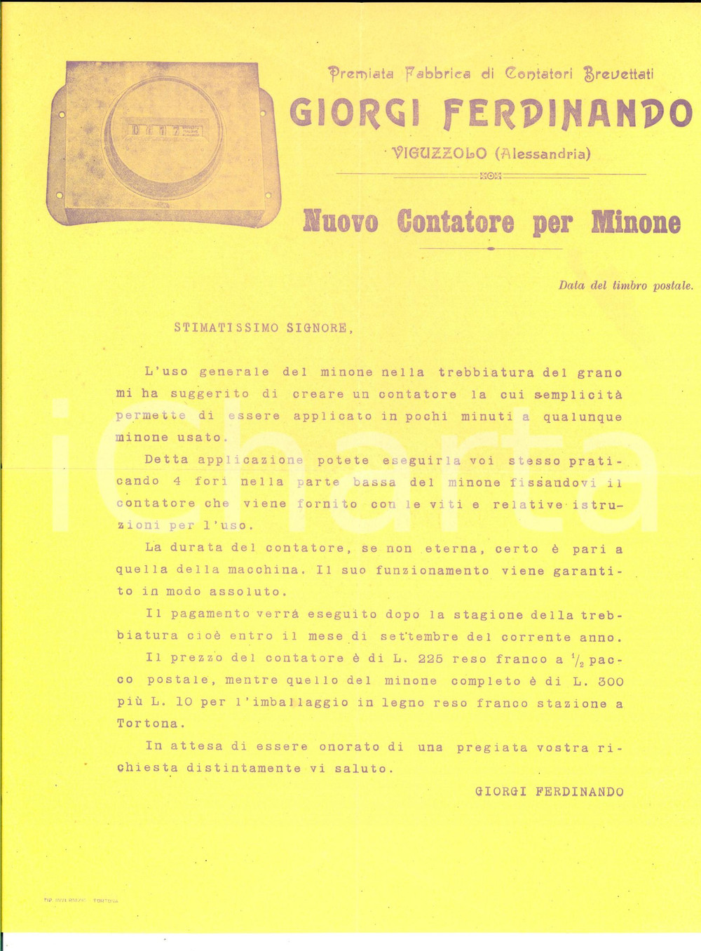 Materiale pubblicitario d’epoca 1920 ca VIGUZZOLO AL Ferdinando GIORGI Contatore per minone Pubblicitario 1