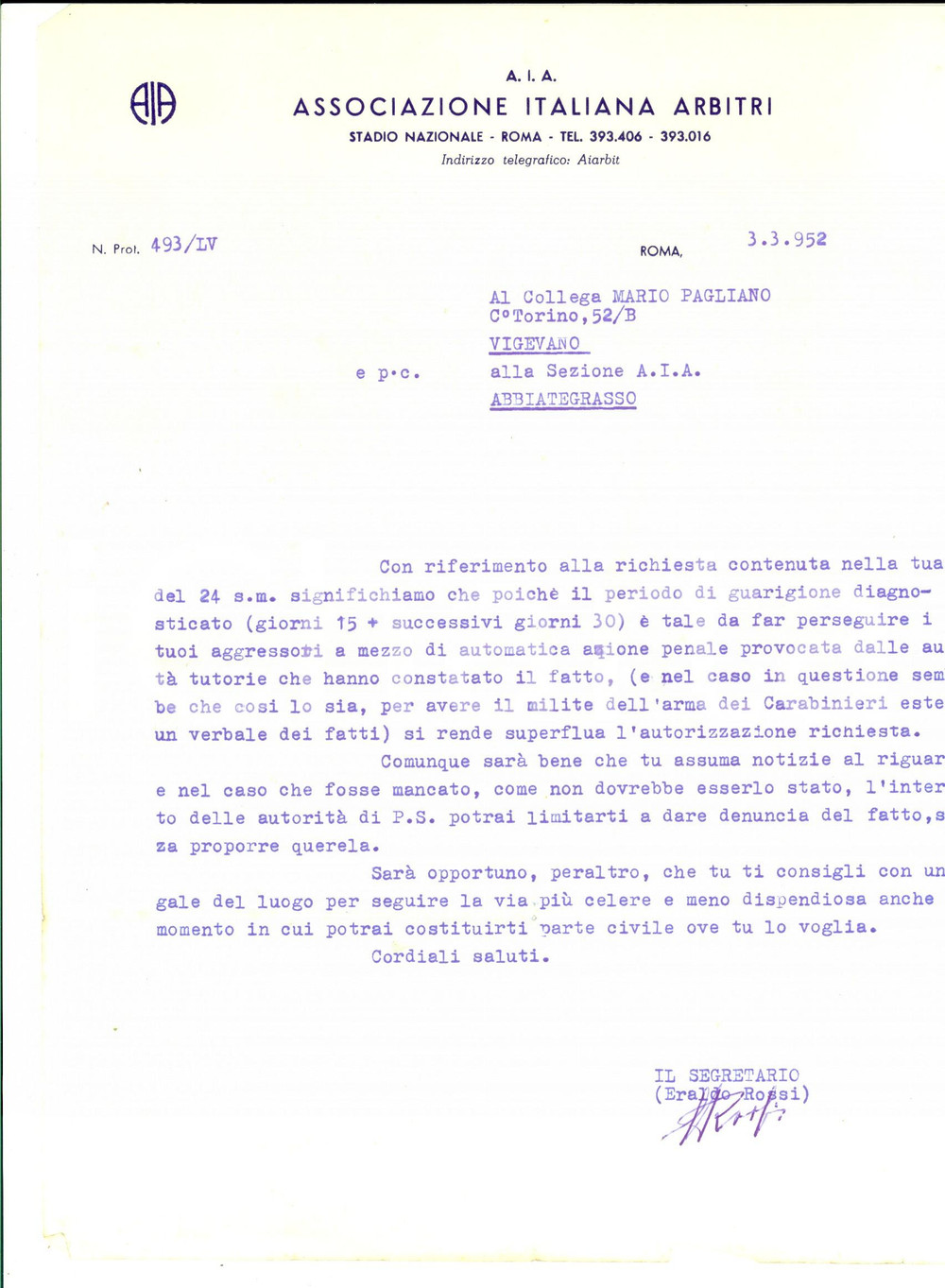 Manoscritto, lettera originale 1952 VIGEVANO CALCIO Associazione Italiana Arbitri pro arbitro aggredito 1