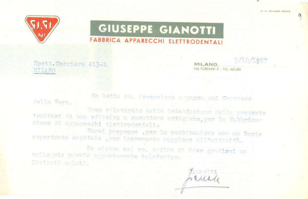 Manoscritto, lettera originale 1957 MILANO Giuseppe GIANOTTI Fabbrica apparecchi elettrodentali Documento 1