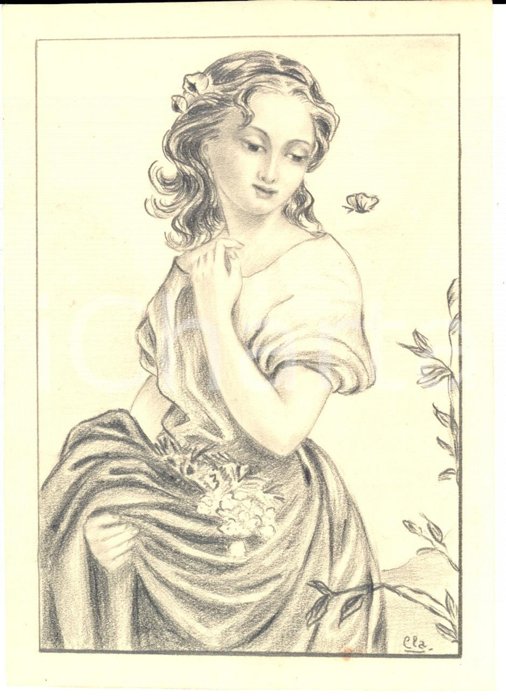 Stampa, bozzetto originale 1950 ca ARTE Fanciulla che raccoglie fiori Disegno a matita firmato CLA 1