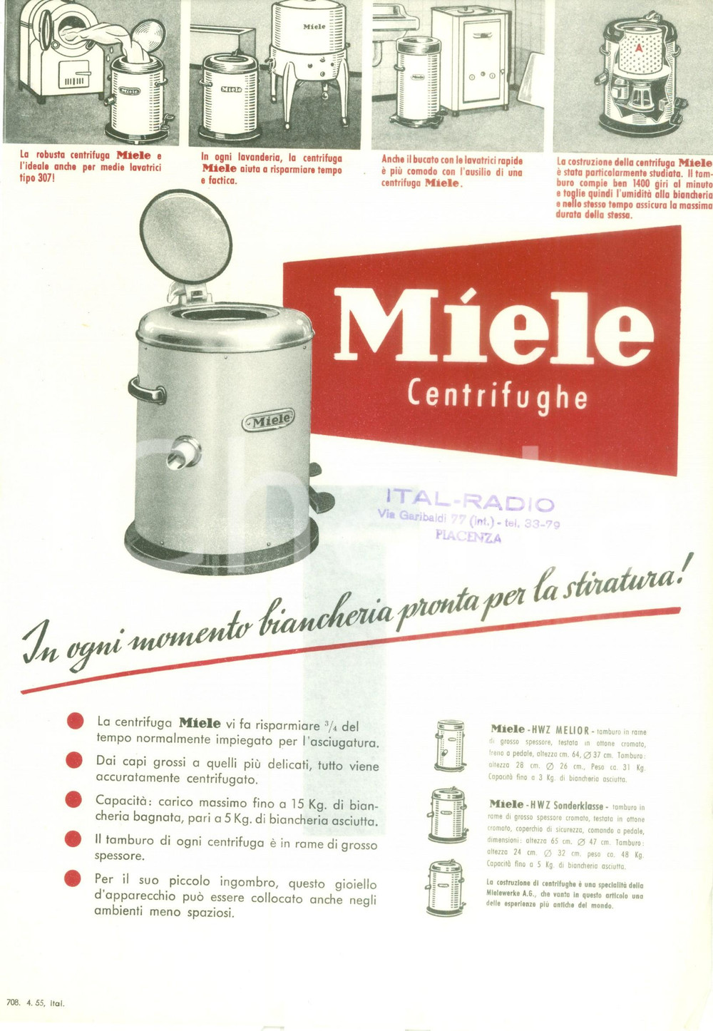 Materiale pubblicitario d’epoca 1955 ca GUTERSLOH GERMANIA Volantino MIELE Centrifughe per stiratura PubblicitÃ  1