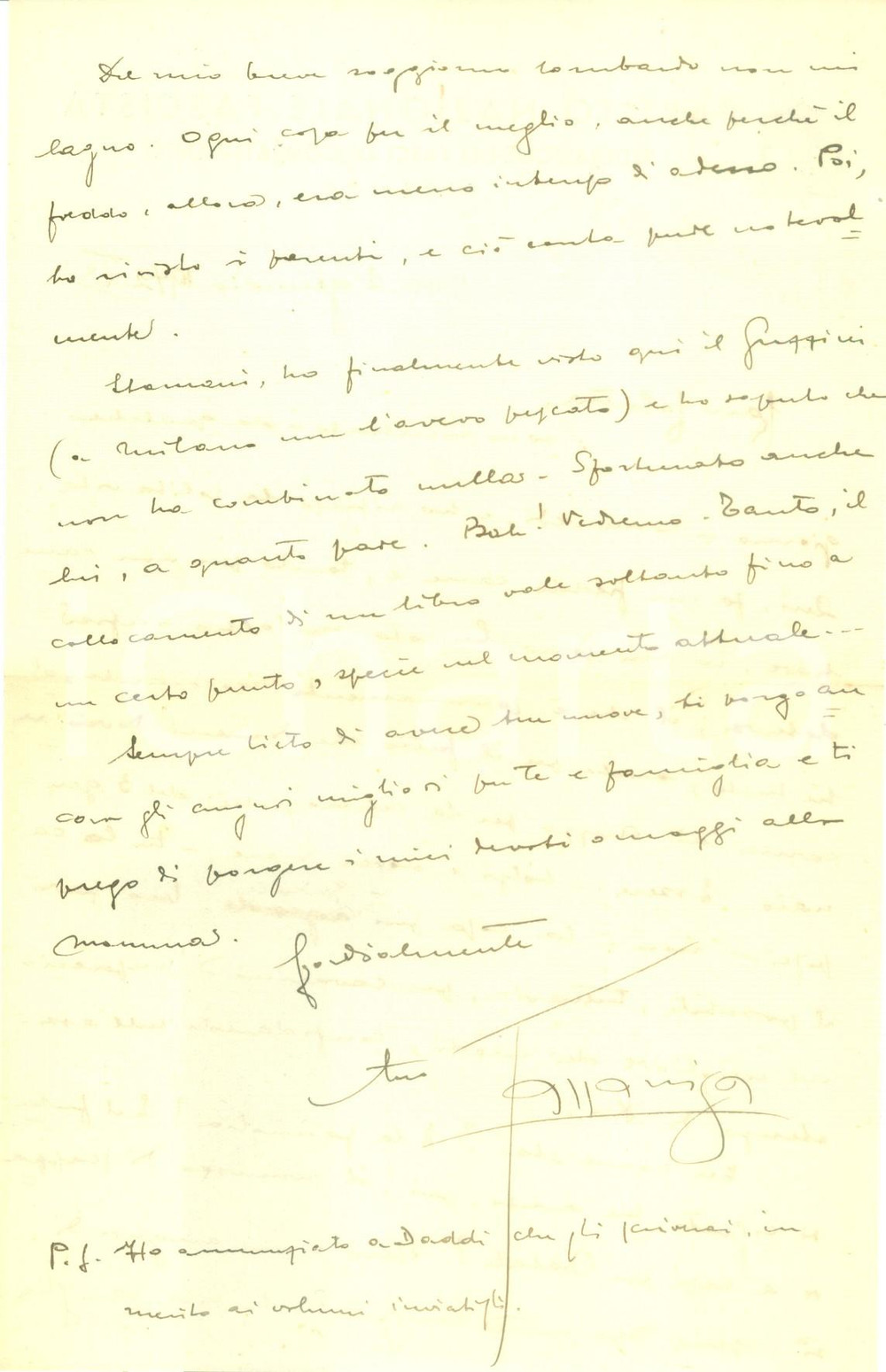 Autografo originale 1942 FIRENZE Rodolfo GAZZANIGA Piazzare libri vale quello che vale AUTOGRAFO 1