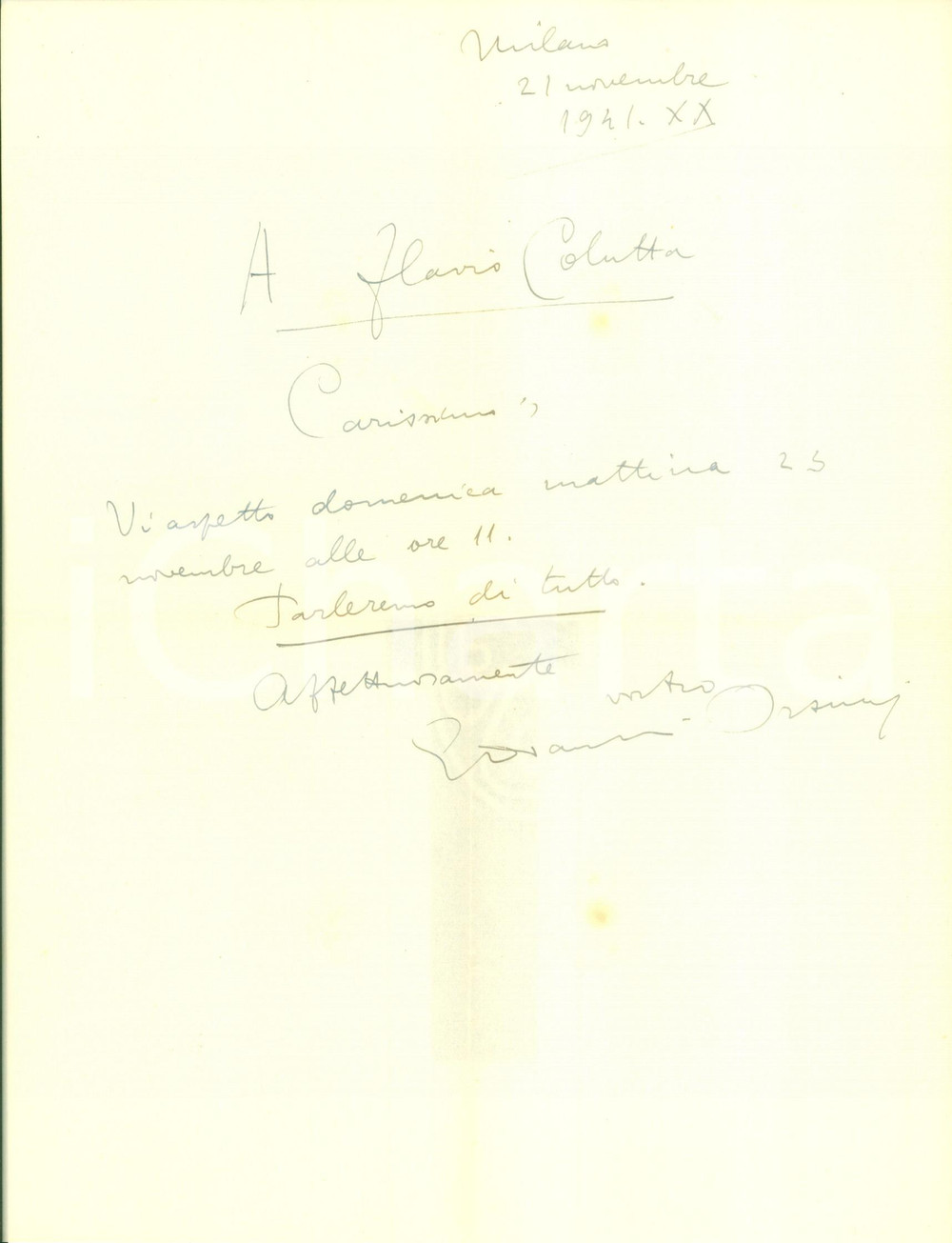 Autografo originale 1941 MILANO Scrittore Giovanni ORSINI conferma un appuntamento AUTOGRAFO 1